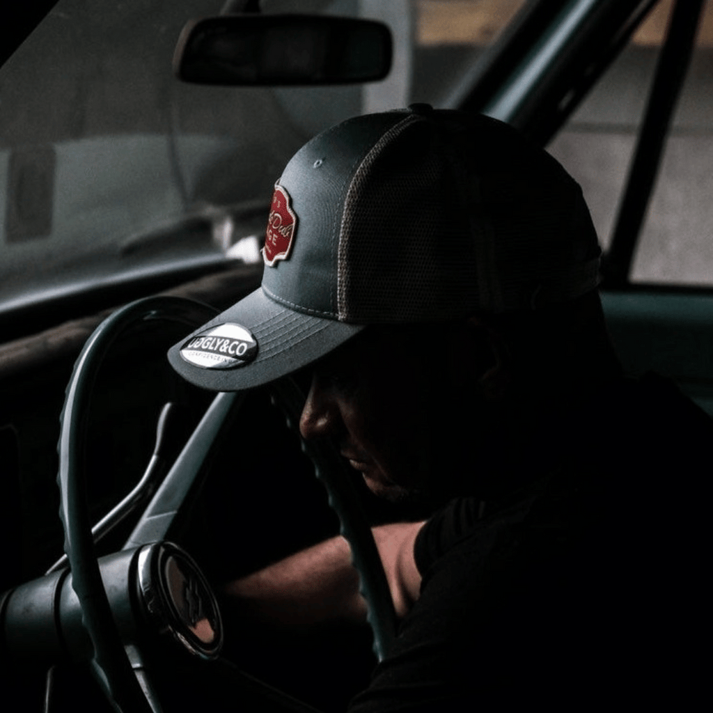 Uggly and Co Black Dub Garage Trucker Hat – Peppermint & Beige Mesh Cap