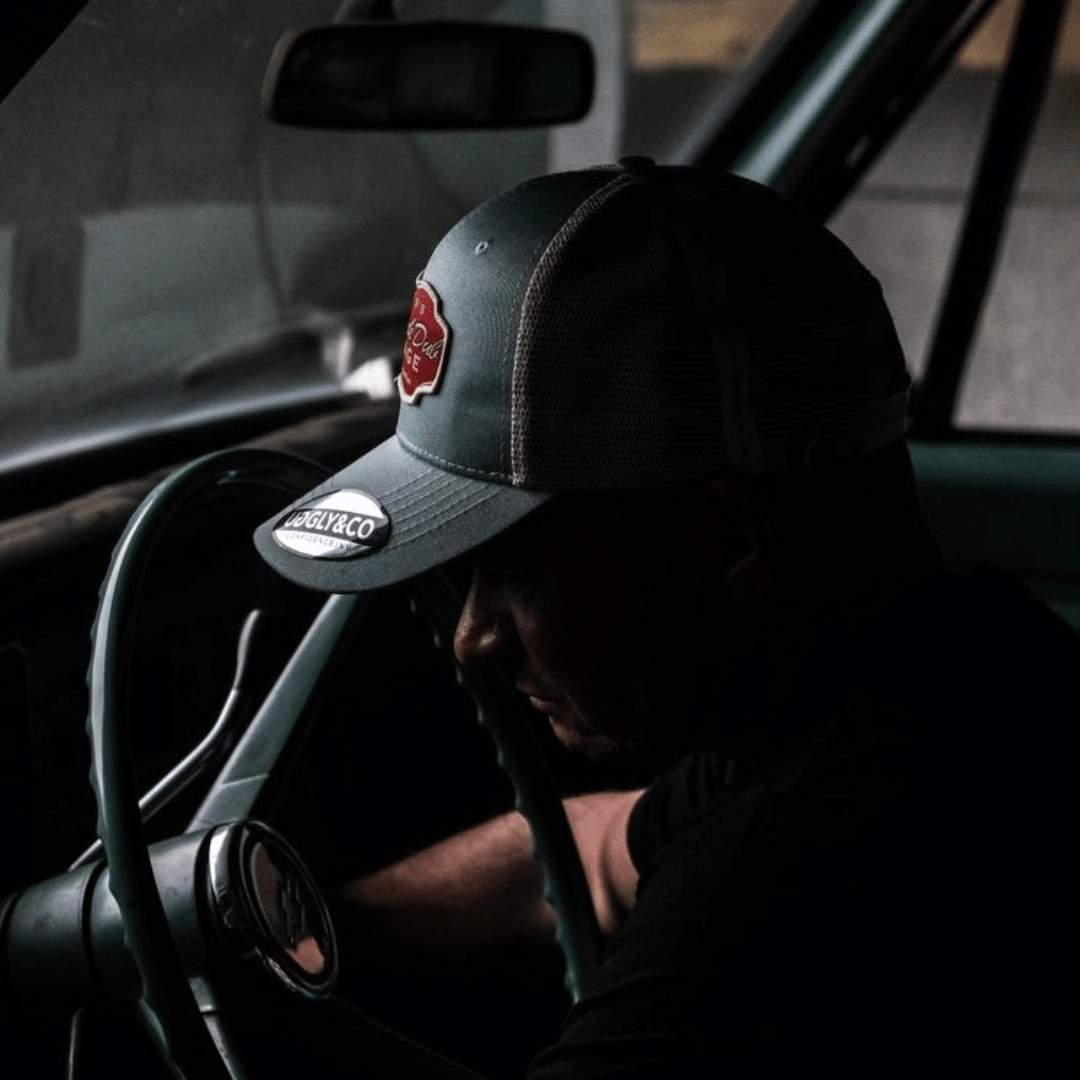 Uggly and Co Black Dub Garage Trucker Hat – Peppermint & Beige Mesh Cap