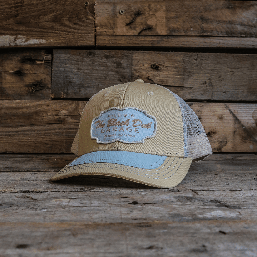 Uggly and Co Black Dub Garage Trucker Hat – Beige and Sky Blue Mesh Cap