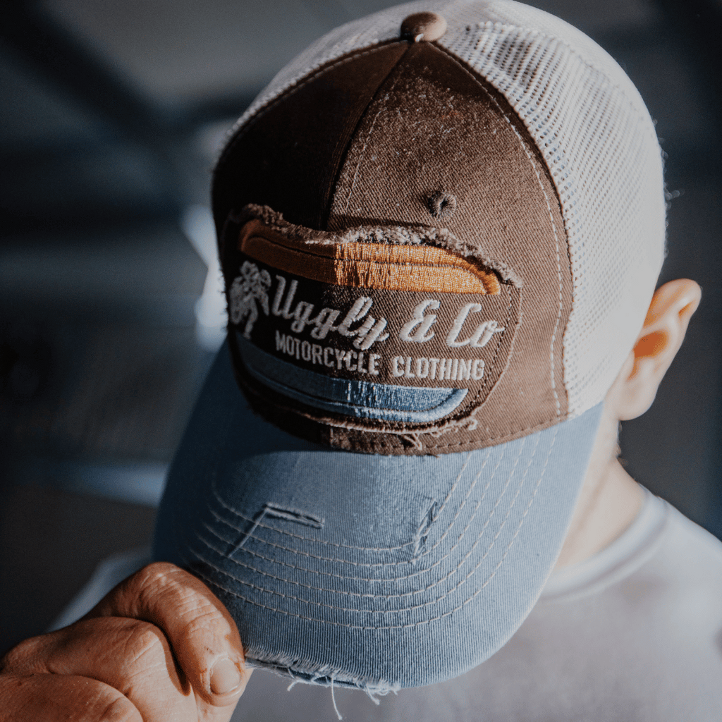 Uggly and Co Flat Track Trucker Hat – Dusty Blue and Brown Vintage Cap