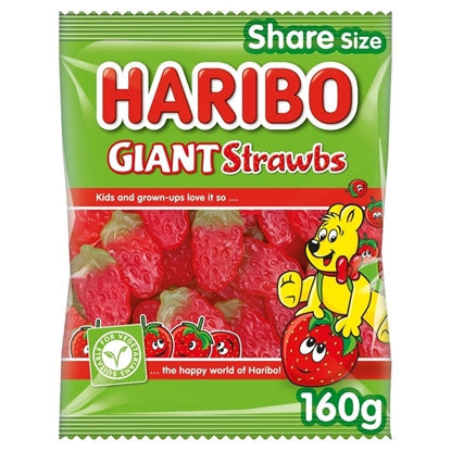 Haribo Giant Strawbs – Strawberry Gummy Candy Fruit Sweets, 160g Bag