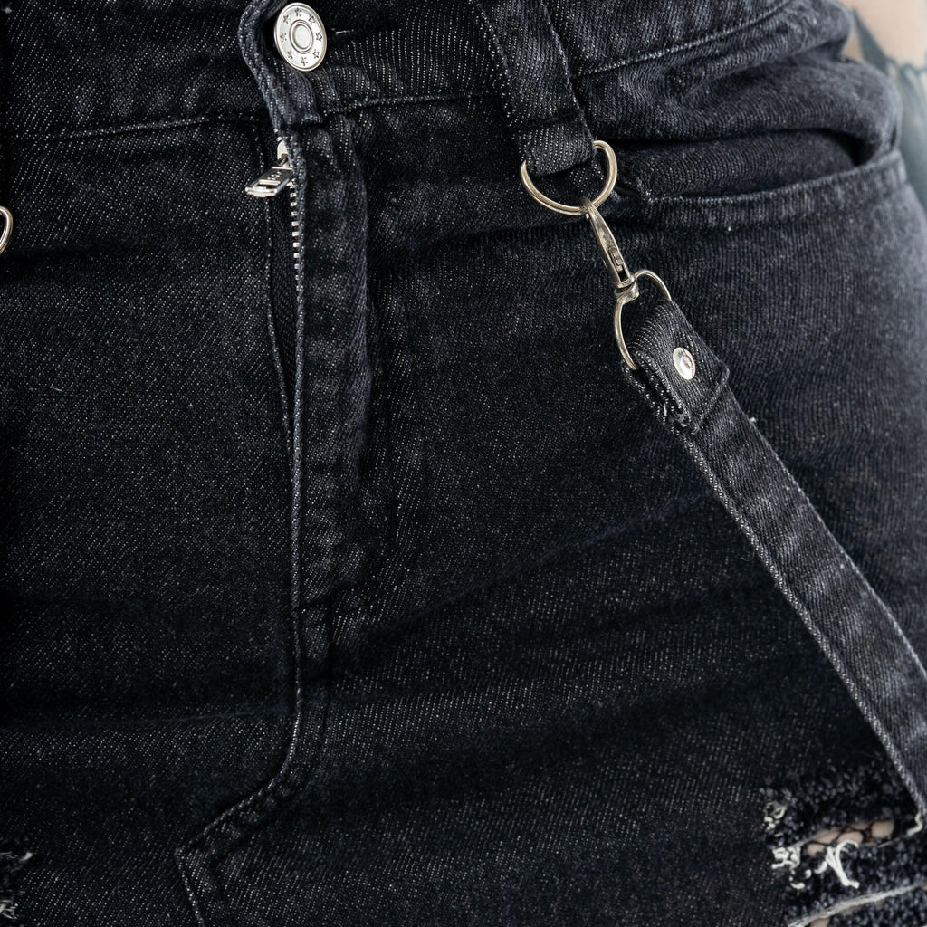 Vixxsin Runa Black Stonewash Denim Maxi Skirt | Distressed Goth Style