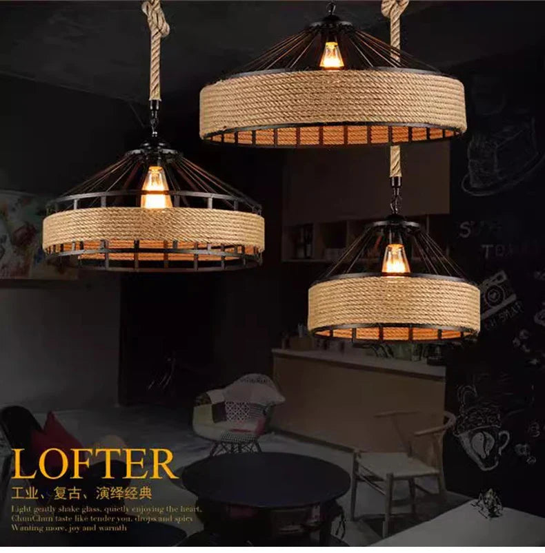 Rustic Hemp Rope Pendant Light – Industrial Retro Ceiling Lamp