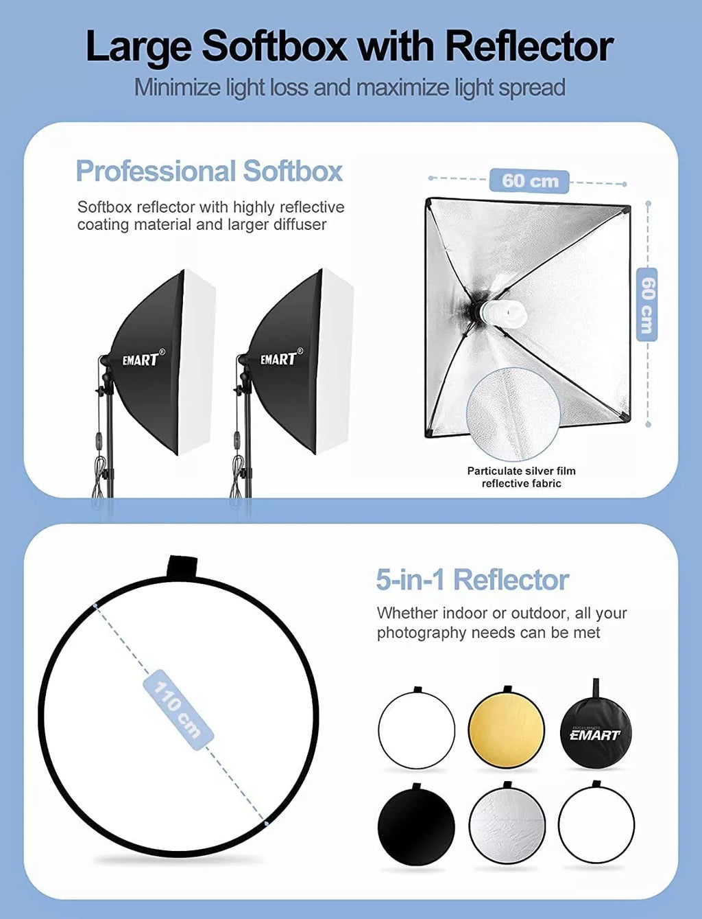 EMART Softbox Lighting Kit | 60x60cm Studio Photography Set with Reflector