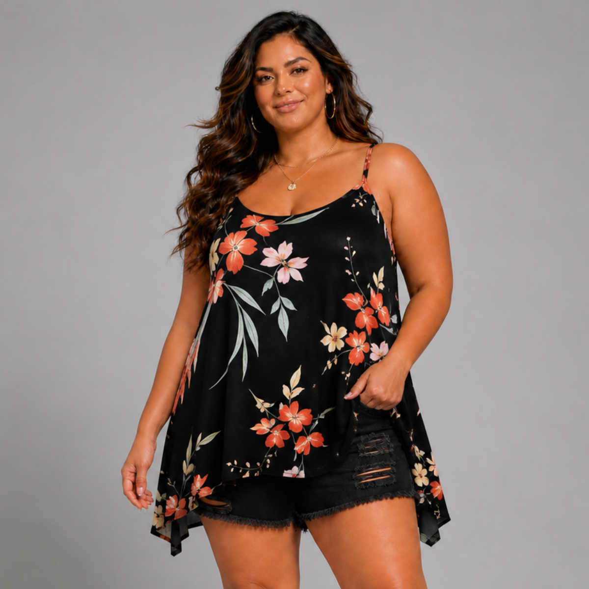 ROCKTHOSECURVES BLACK MULTI TROPICAL CAMI VEST SWING TOP WITH HANKY HEM