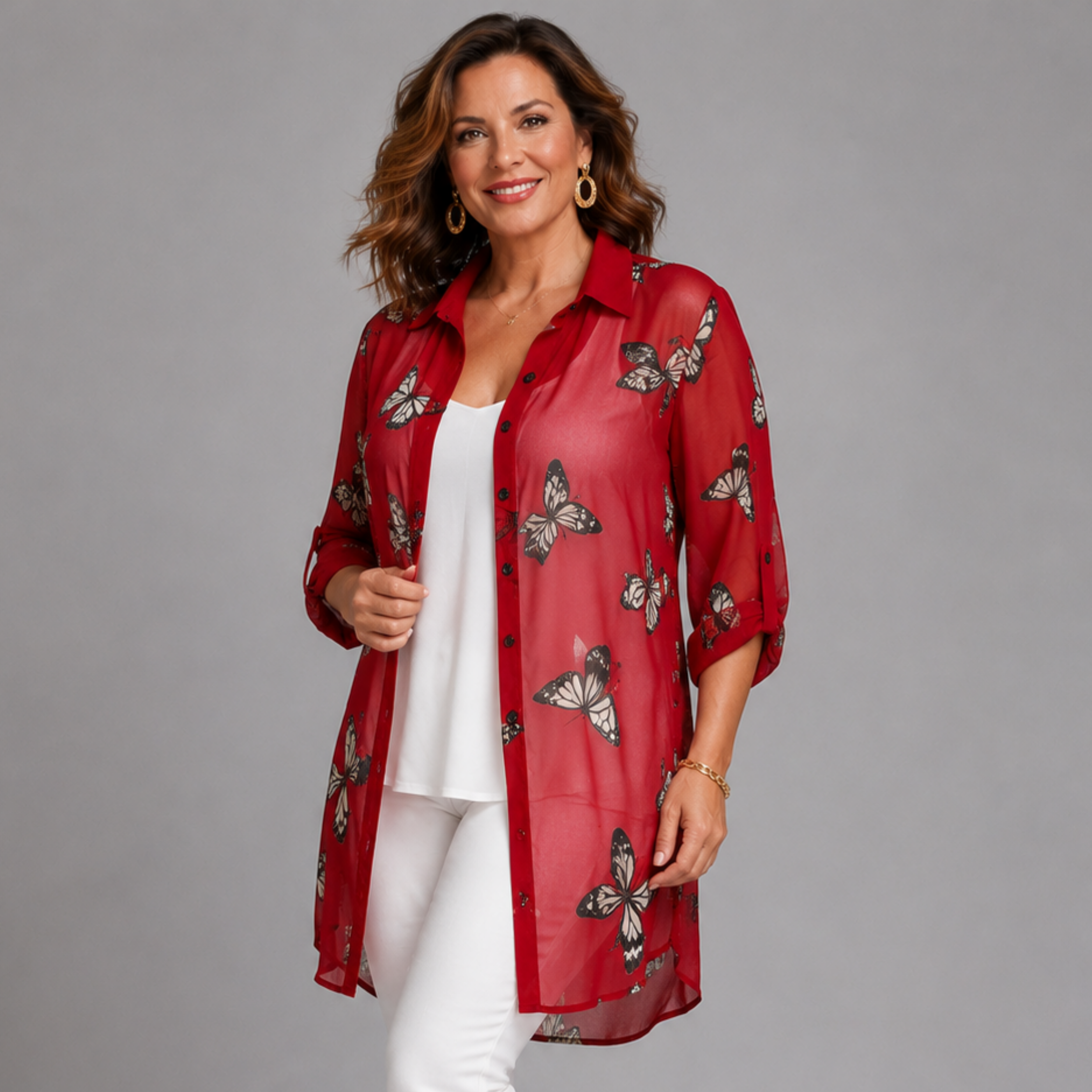 ROCKTHOSECURVES LONG LENGTH CHIFFON BLOUSE / SHIRT WITH BUTTERFLY PRINT