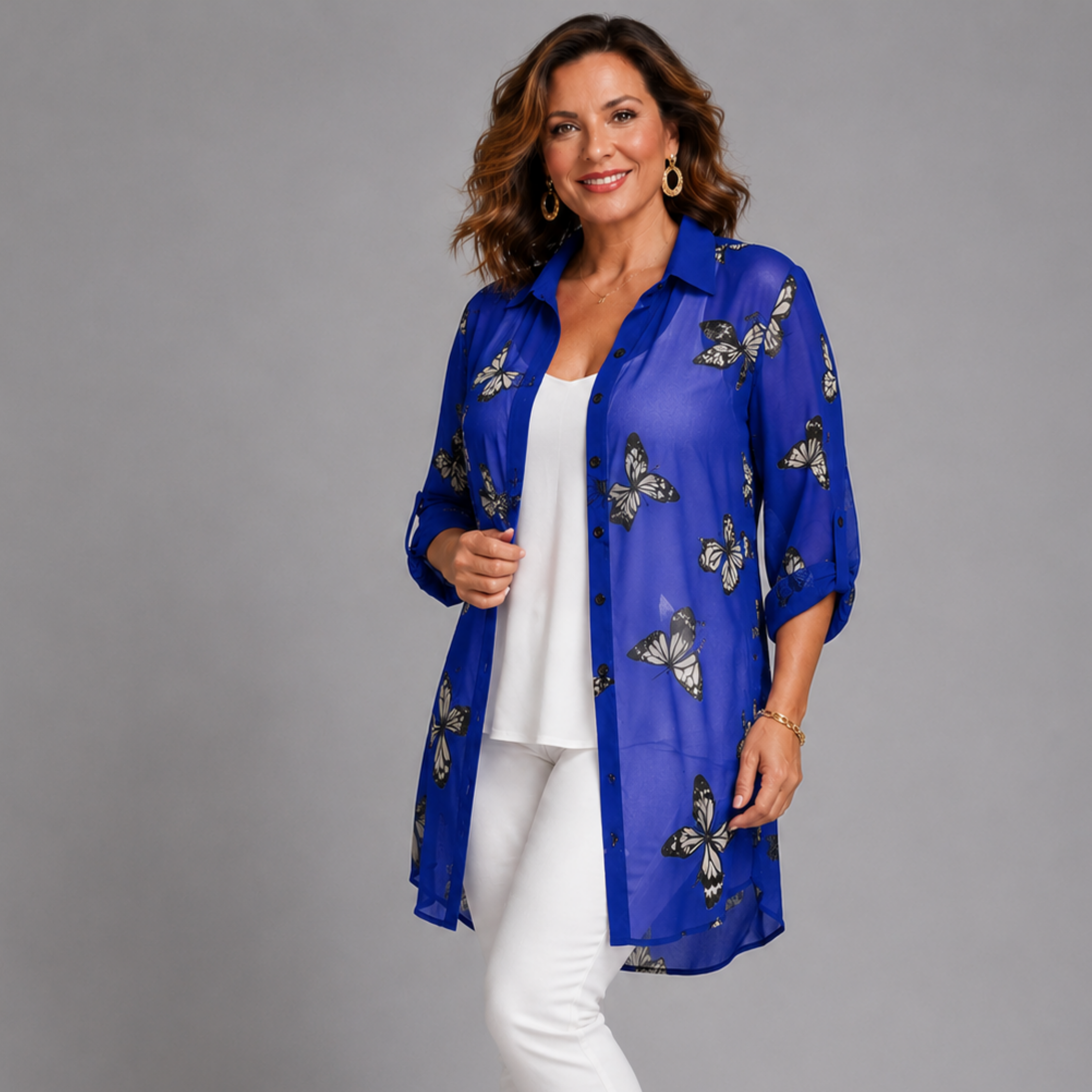 ROCKTHOSECURVES LONG LENGTH CHIFFON BLOUSE / SHIRT WITH BUTTERFLY PRINT