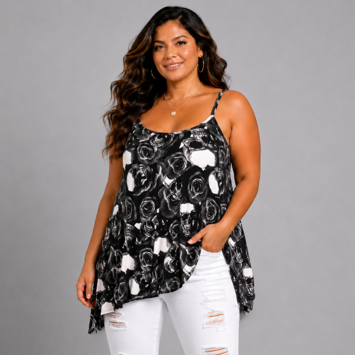 ROCKTHOSECURVES SKULLS + ROSES CAMI VEST SWING TOP WITH HANKY HEM