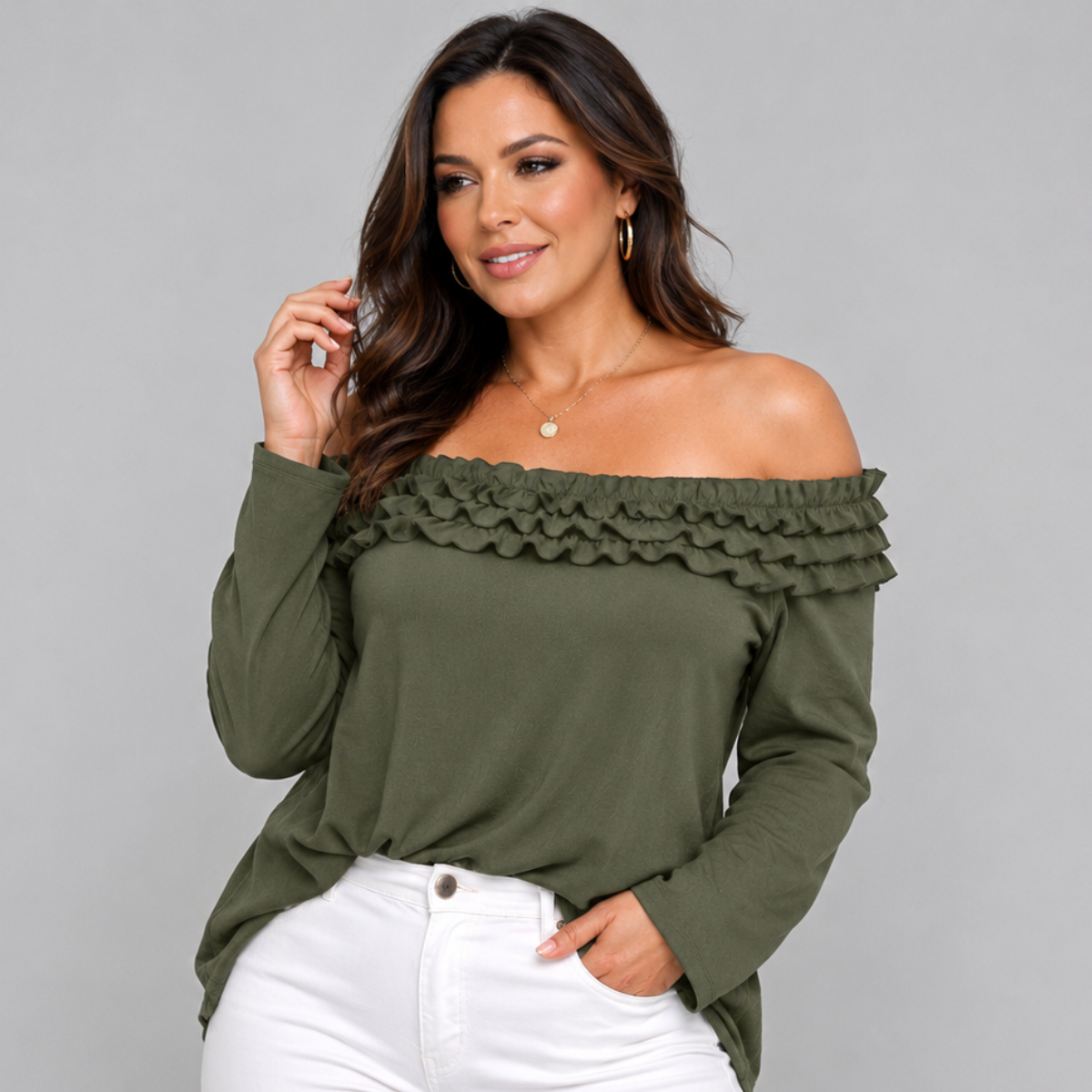 Ruffled Neckline Off Shoulder Long Sleeve Blouse