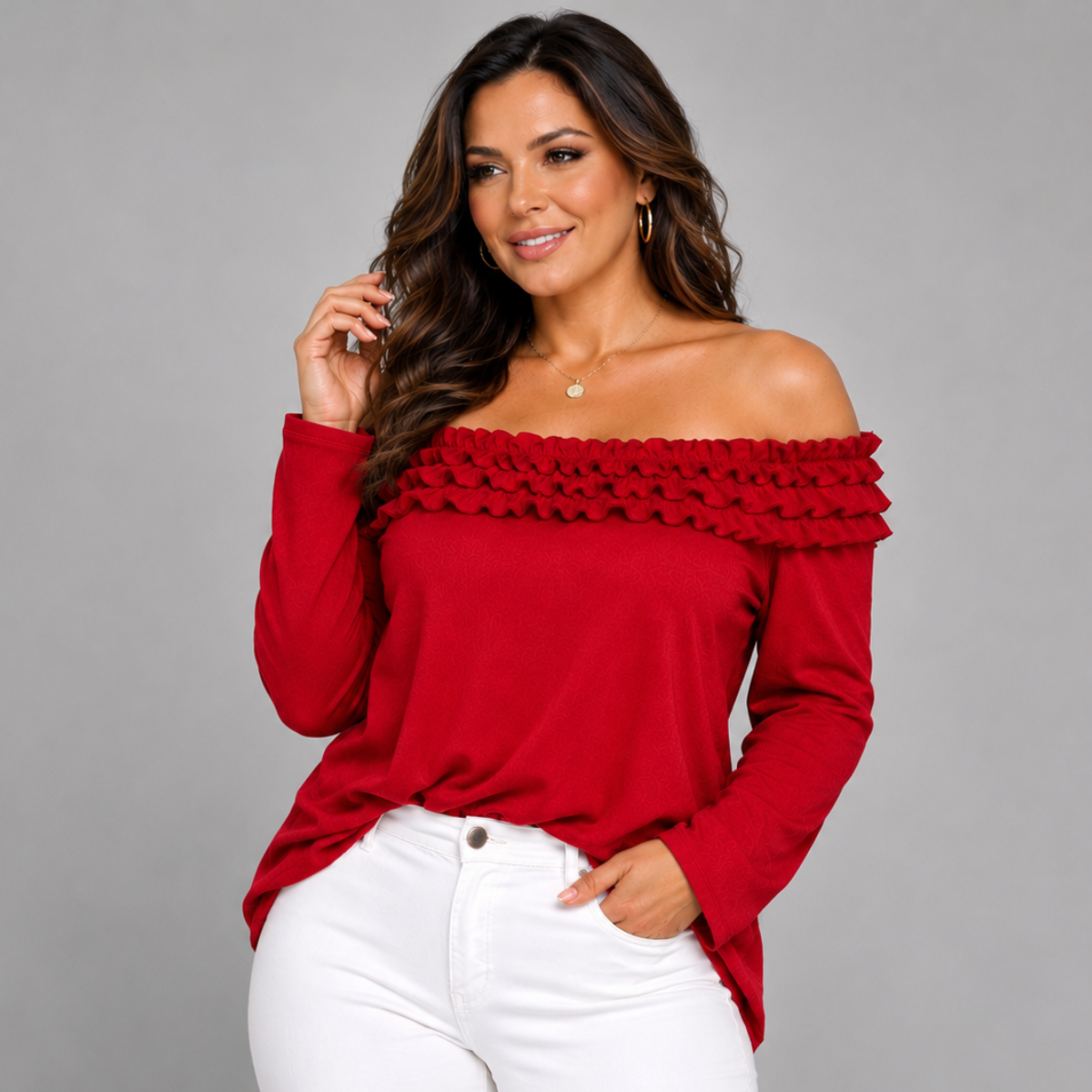 Ruffled Neckline Off Shoulder Long Sleeve Blouse