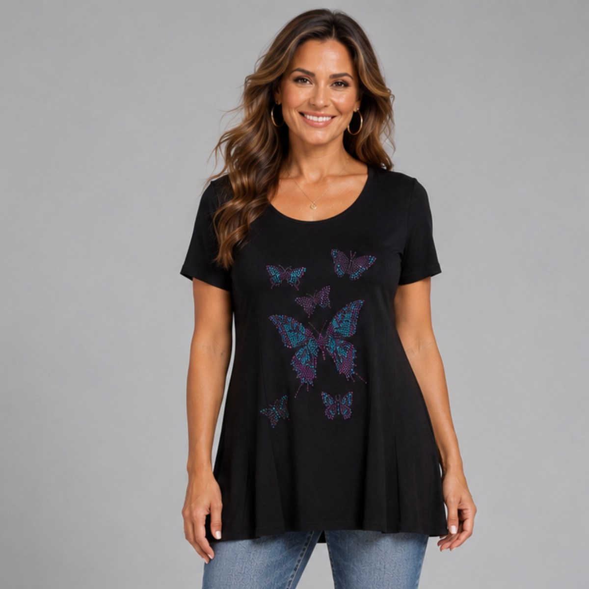 ROCKTHOSECURVES FLARED HEM STUDDED BUTTERFLIES LONG TOP