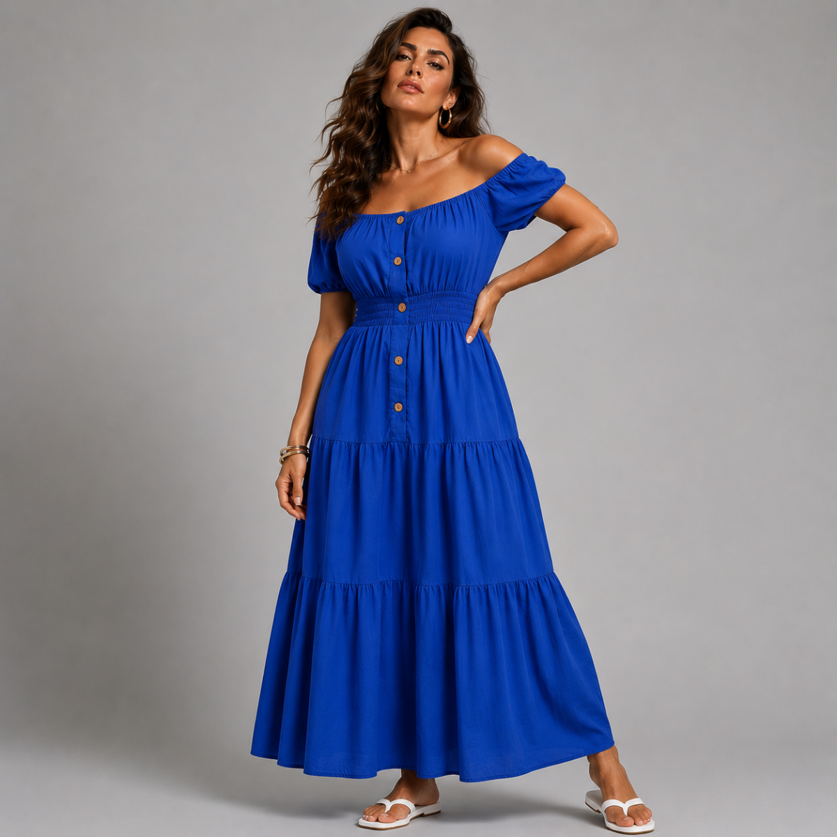 Off Shoulder Elastic Waist Gypsy Style Maxi Dress