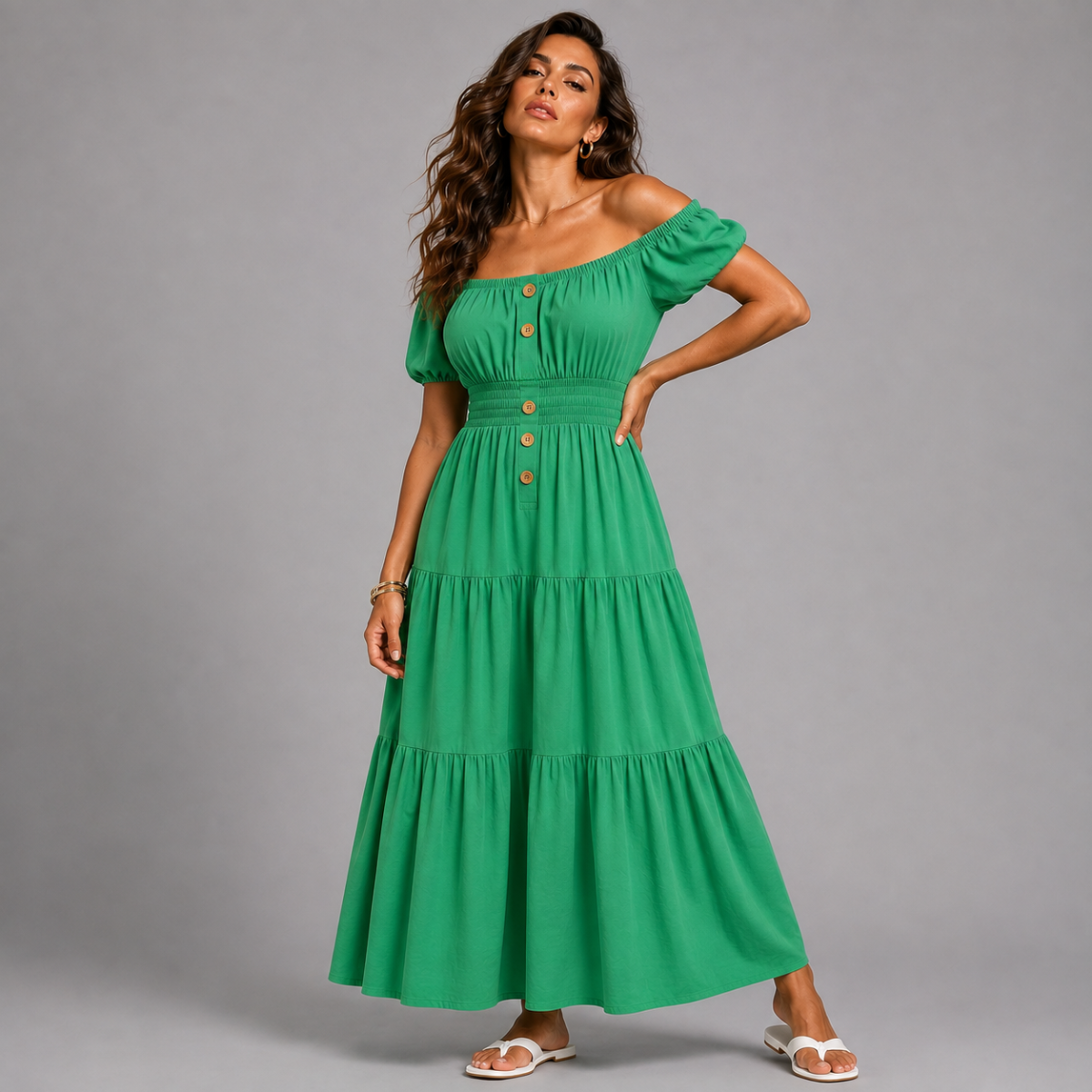 Off Shoulder Elastic Waist Gypsy Style Maxi Dress