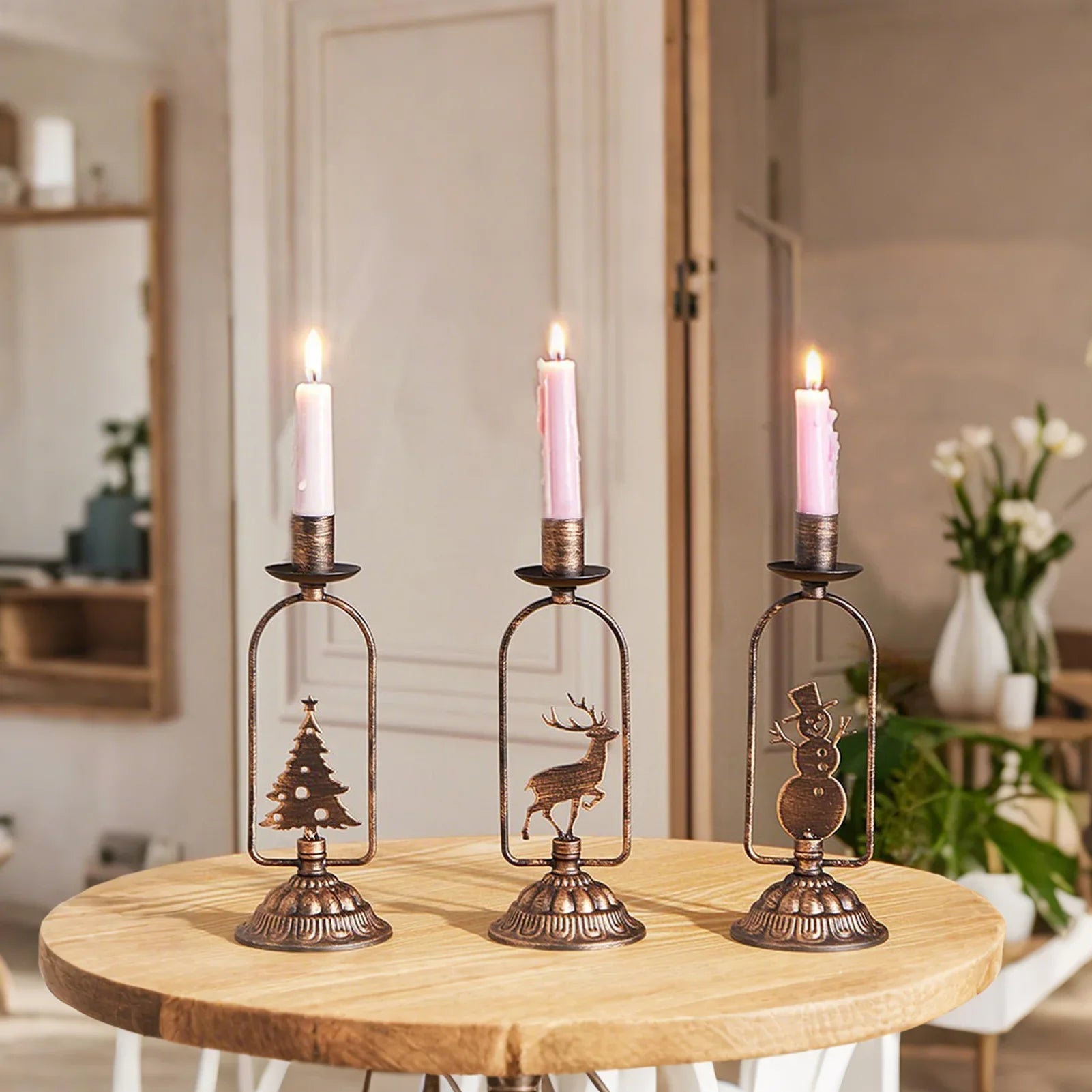 Set of 3 Iron Christmas Candle Holders – Tree, Snowman & Deer (Vintage Bronze)