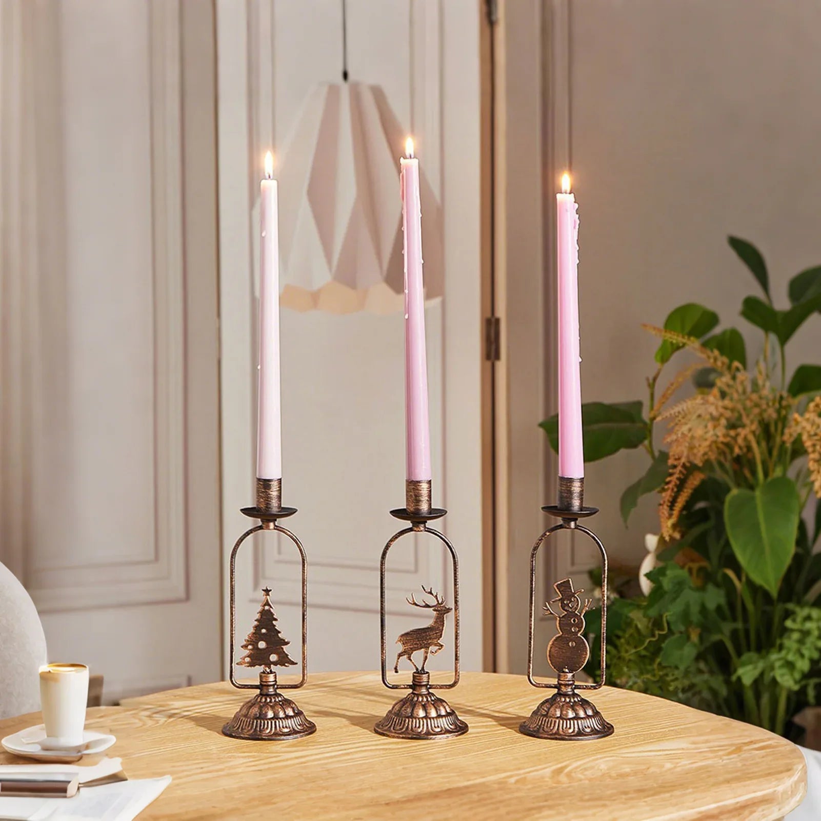 Set of 3 Iron Christmas Candle Holders – Tree, Snowman & Deer (Vintage Bronze)