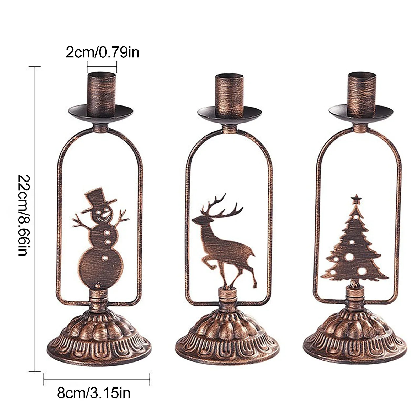 Set of 3 Iron Christmas Candle Holders – Tree, Snowman & Deer (Vintage Bronze)