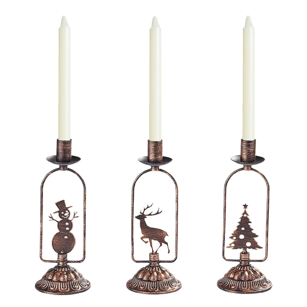 Set of 3 Iron Christmas Candle Holders – Tree, Snowman & Deer (Vintage Bronze)