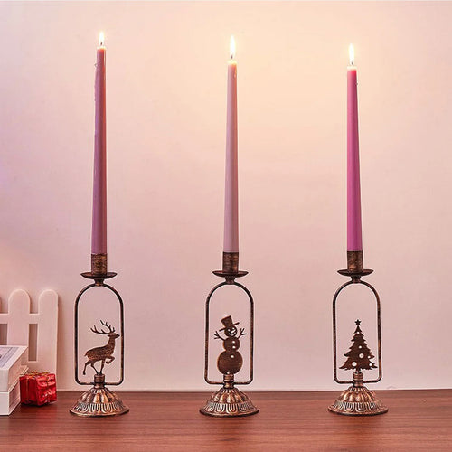 Set of 3 Iron Christmas Candle Holders – Tree, Snowman & Deer (Vintage Bronze)