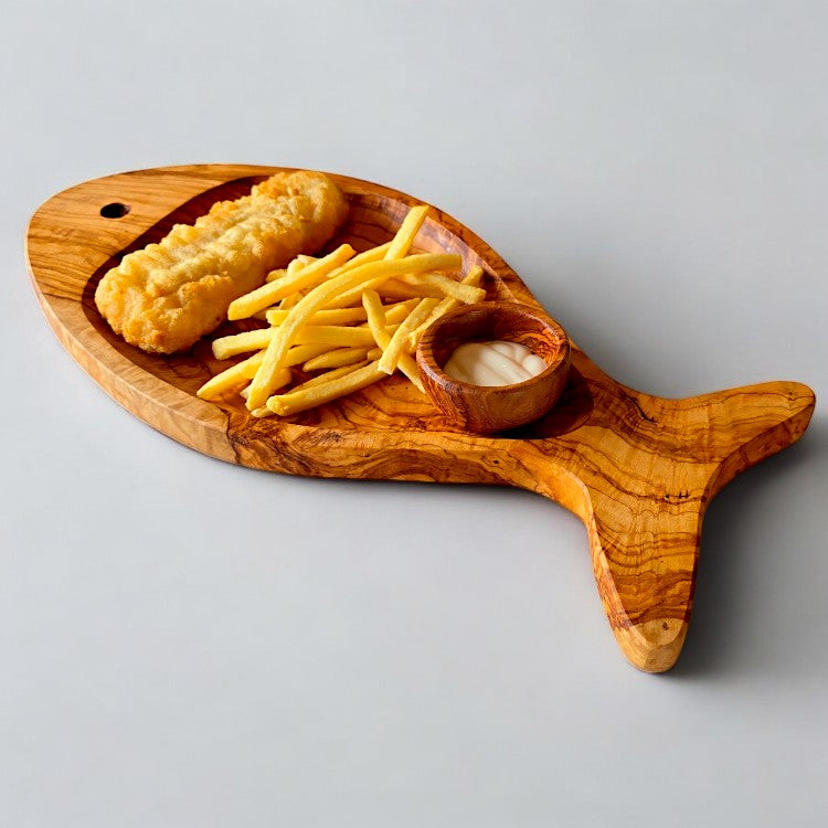 Olive Wood Fish Shaped Serving Board | Large Seafood & Tapas Platter 35-45cm