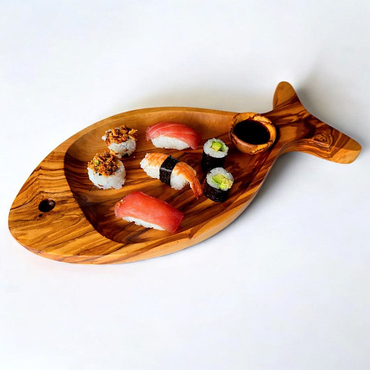 Olive Wood Fish Shaped Serving Board | Large Seafood & Tapas Platter 35-45cm
