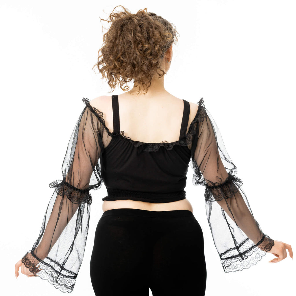 Poizen Industries Shadowfang Top – Black Gothic Mesh Bell Sleeve