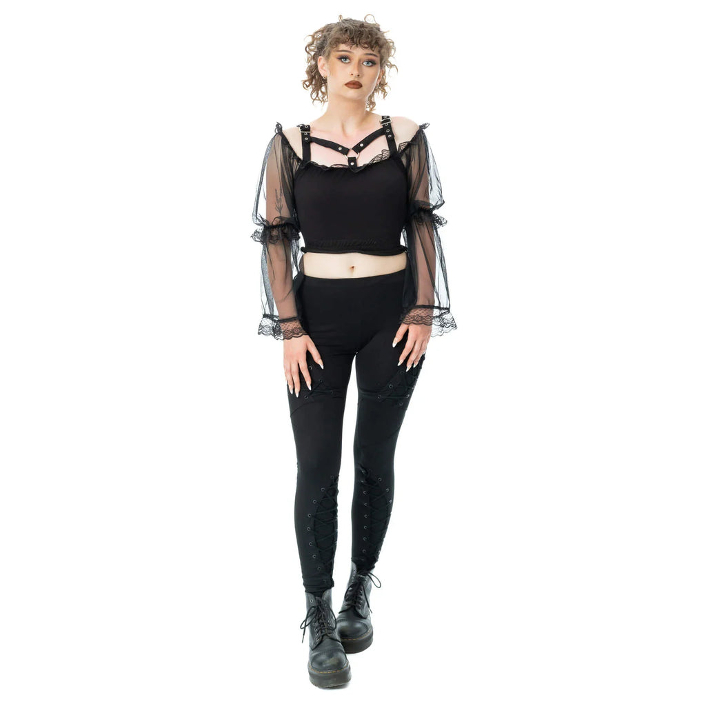 Poizen Industries Shadowfang Top – Black Gothic Mesh Bell Sleeve