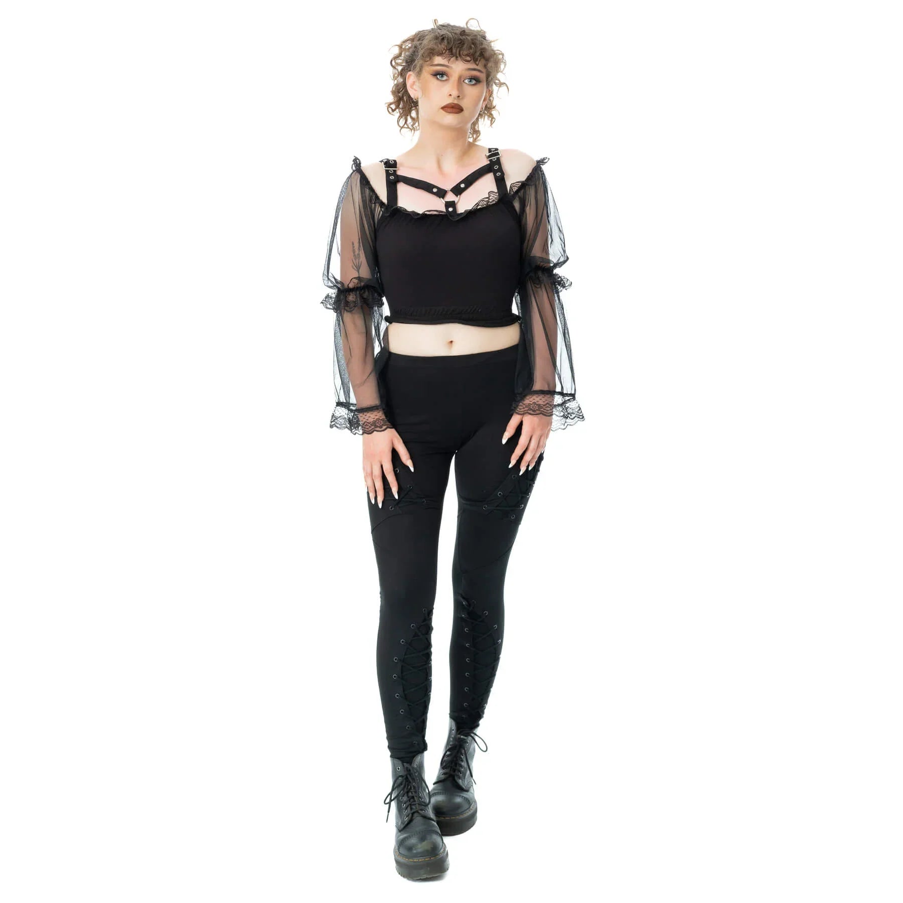 Poizen Industries Shadowfang Top – Black Gothic Mesh Bell Sleeve