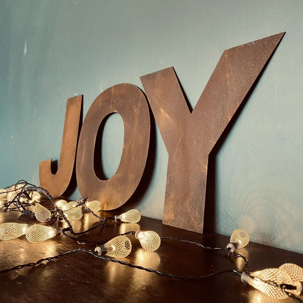 JOY Rusty Metal Letters – 12 Inch Steel Christmas Mantle Decor | RW Norfolk