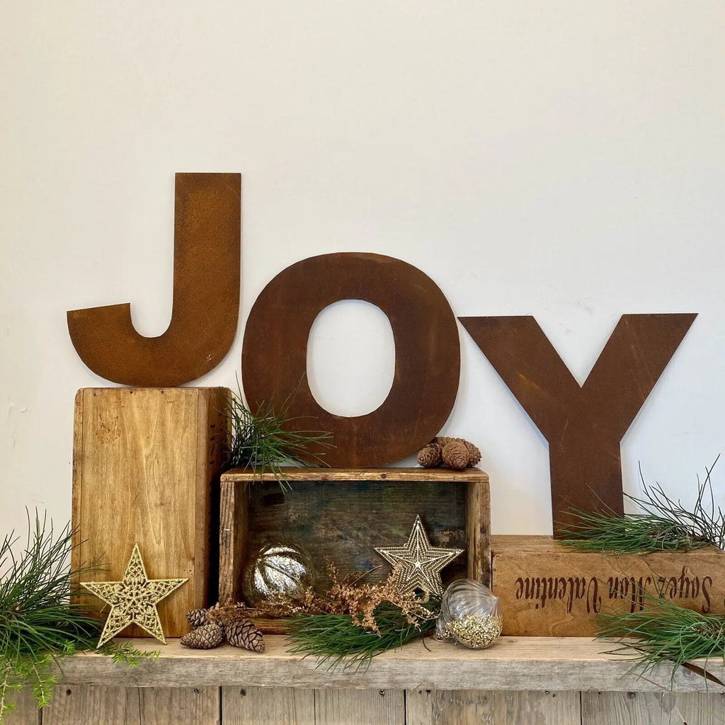 JOY Rusty Metal Letters – 12 Inch Steel Christmas Mantle Decor | RW Norfolk