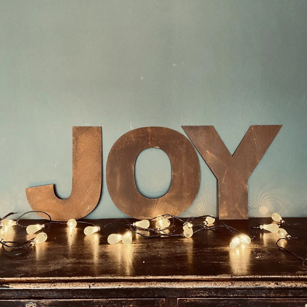 JOY Rusty Metal Letters – 12 Inch Steel Christmas Mantle Decor | RW Norfolk