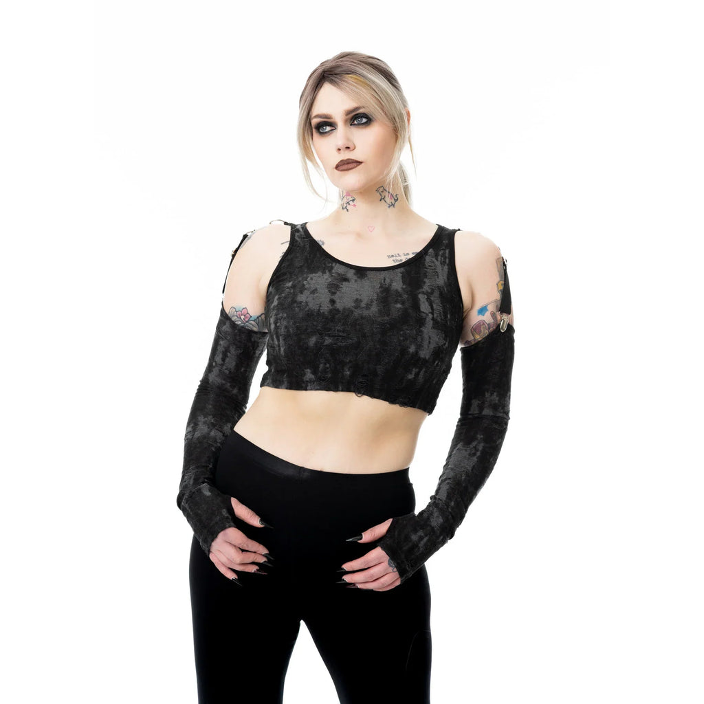 Heartless Signe Gothic Cold Shoulder Top - Black/Grey Crushed Velvet
