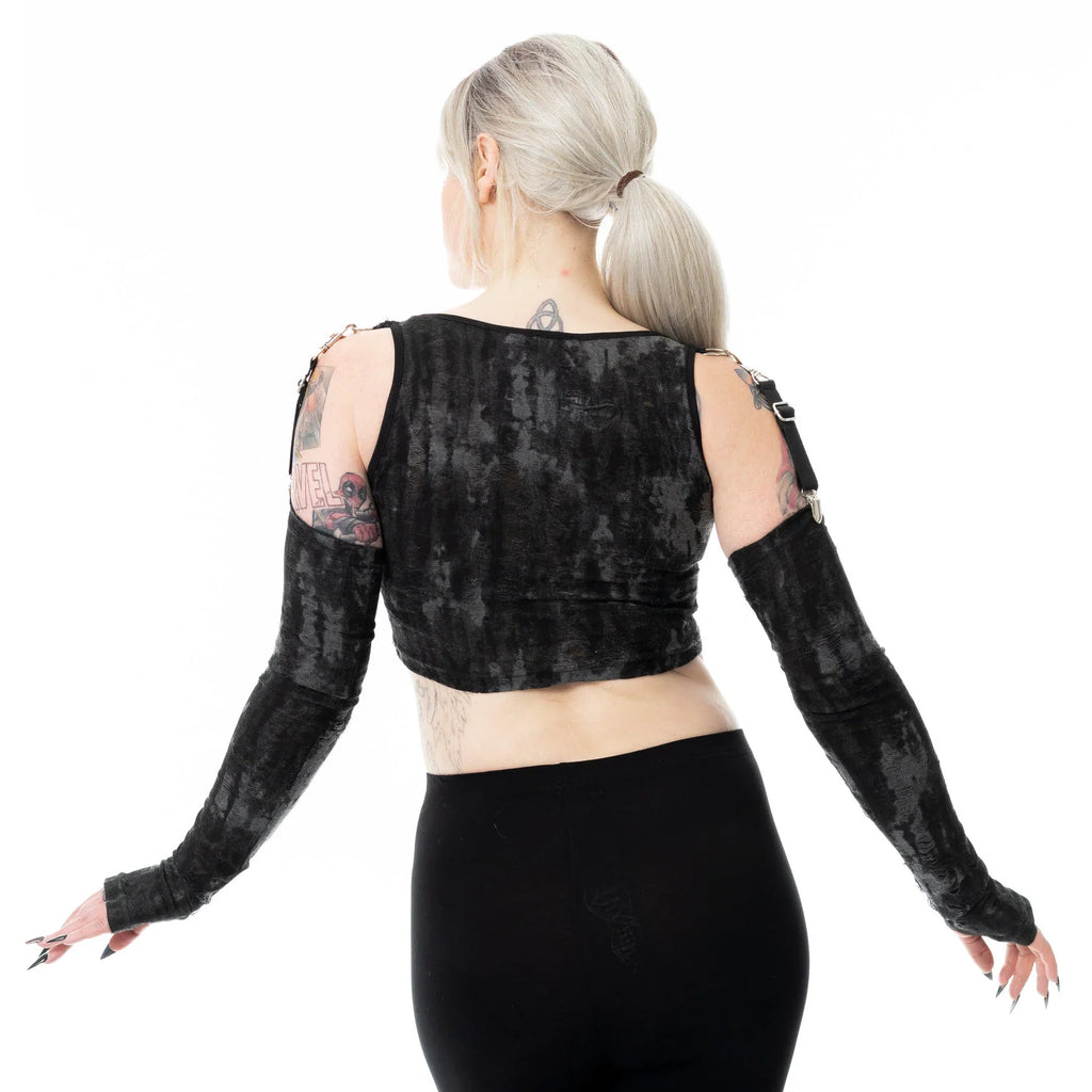 Heartless Signe Gothic Cold Shoulder Top - Black/Grey Crushed Velvet