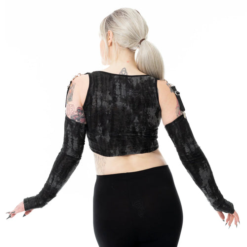 Heartless Signe Gothic Cold Shoulder Top - Black/Grey Crushed Velvet