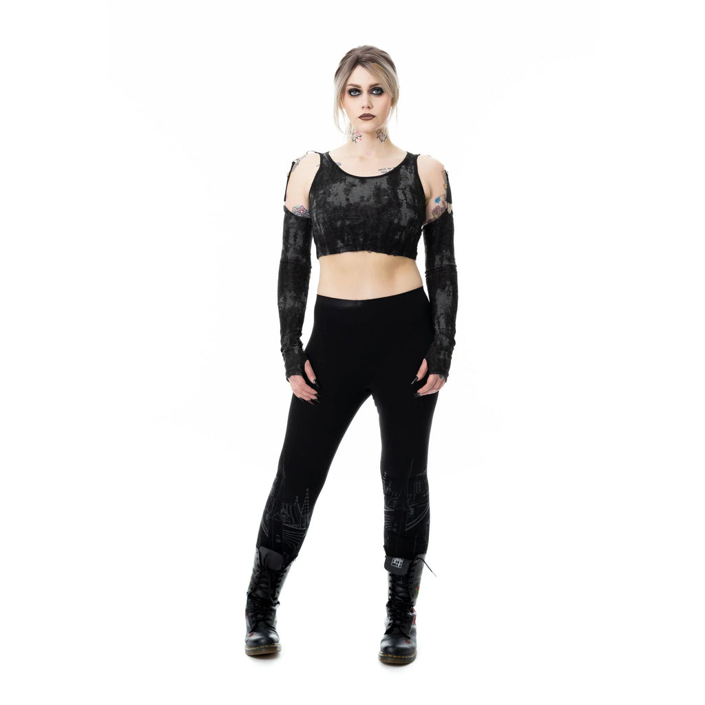 Heartless Signe Gothic Cold Shoulder Top - Black/Grey Crushed Velvet