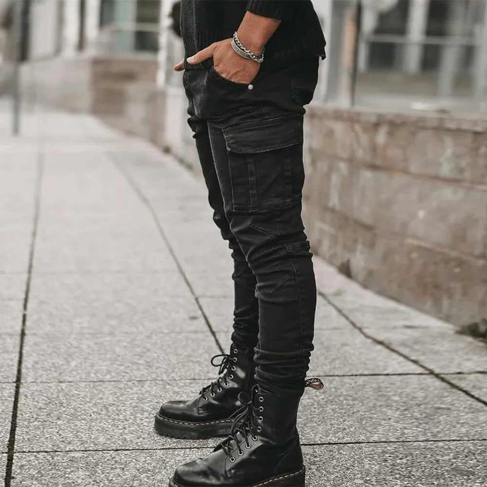 Slim Fit Cargo Jeans – Washed Denim Multi-Pocket Streetwear