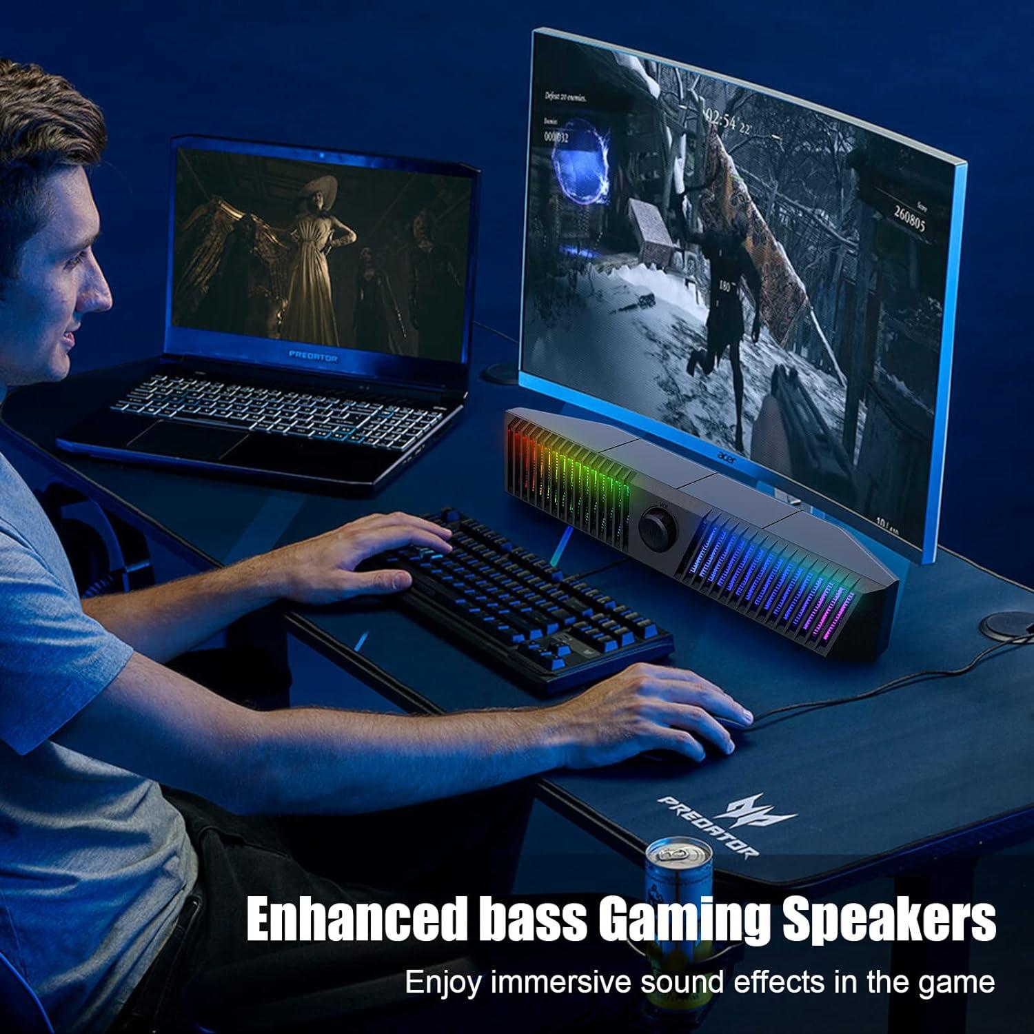 Smalody Bluetooth PC Speakers – 25W RGB LED Gaming Soundbar with Mic