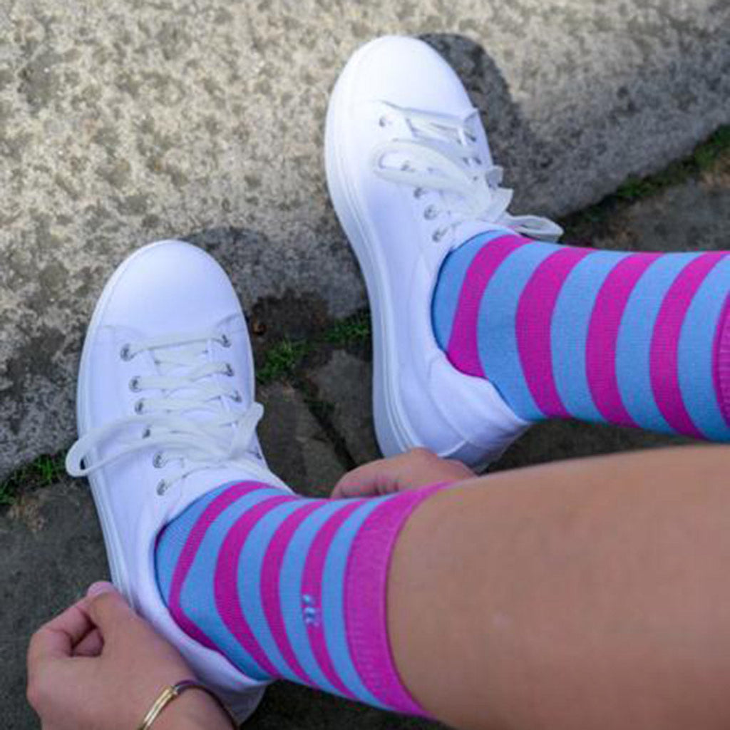 Swole Panda Pink and Blue Striped Bamboo Socks – Breathable and Soft