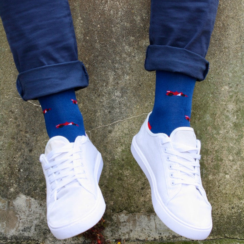 Swole Panda Racing Car Bamboo Socks – Blue Novelty F1 Car Socks