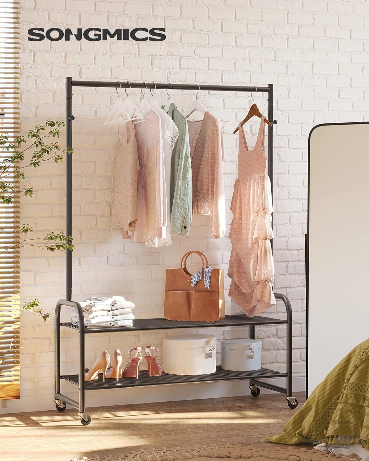 SONGMICS Rolling Clothes Rail | Metal Coat Rack with 2 Mesh Shelves