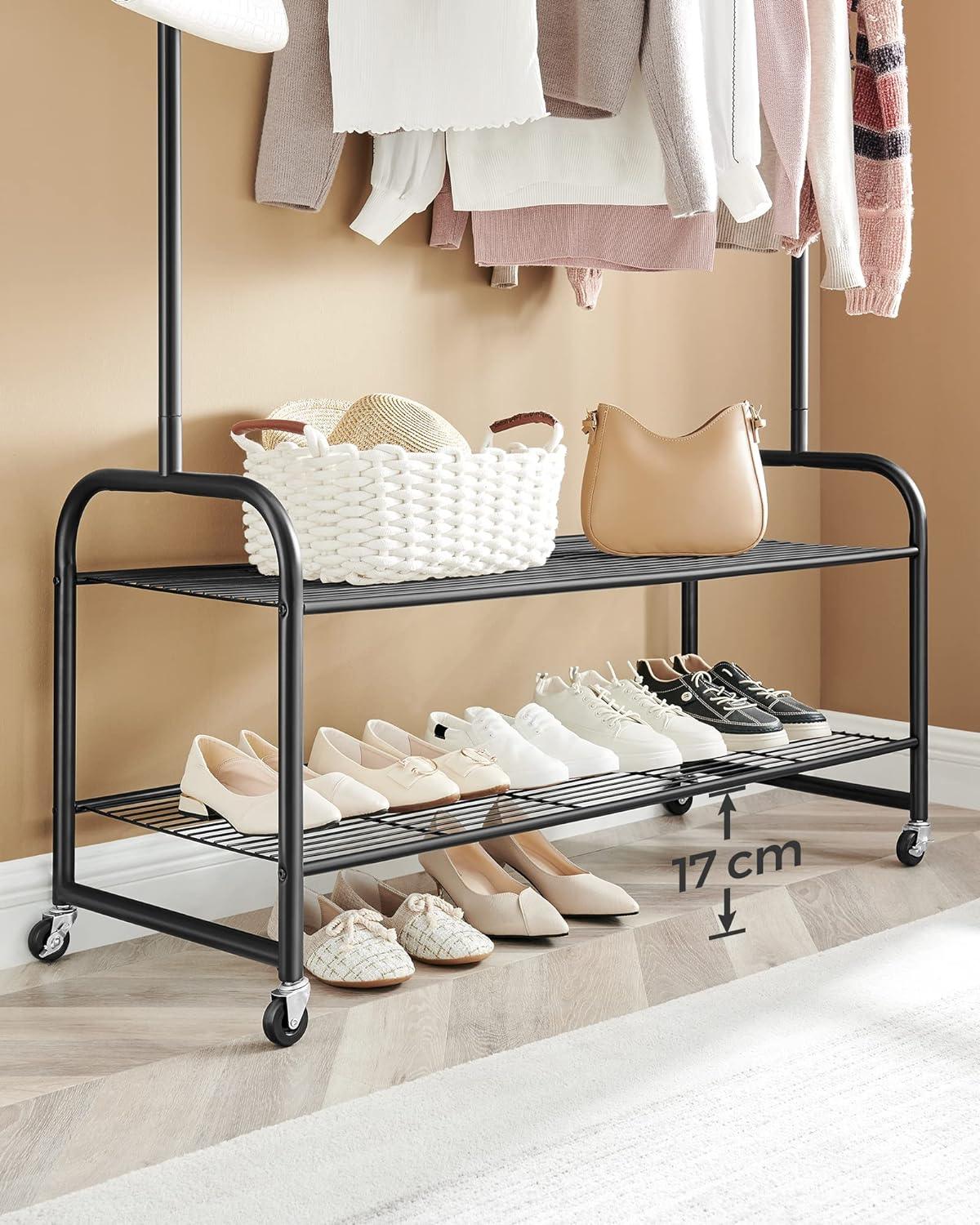 SONGMICS Rolling Clothes Rail | Metal Coat Rack with 2 Mesh Shelves