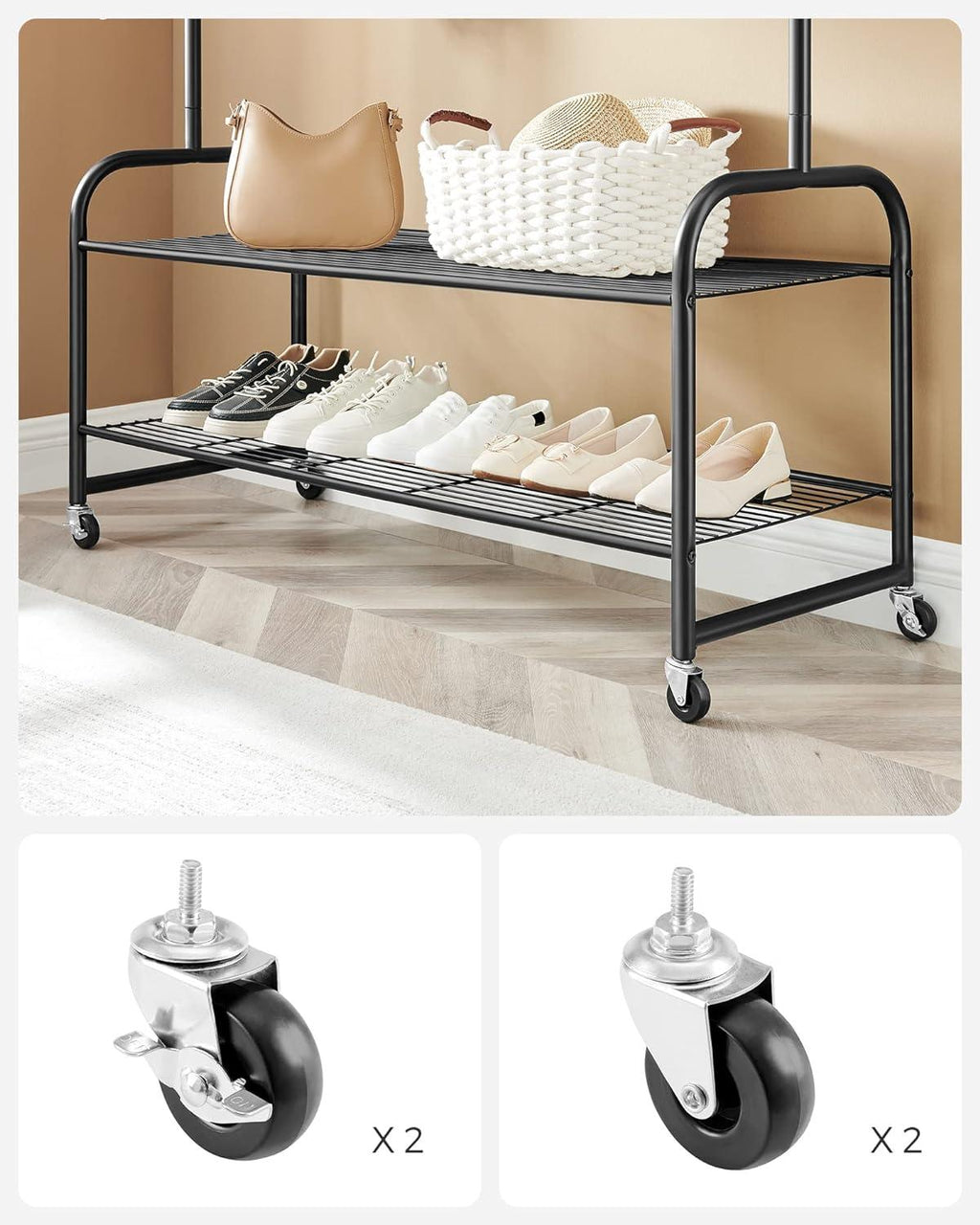 SONGMICS Rolling Clothes Rail | Metal Coat Rack with 2 Mesh Shelves