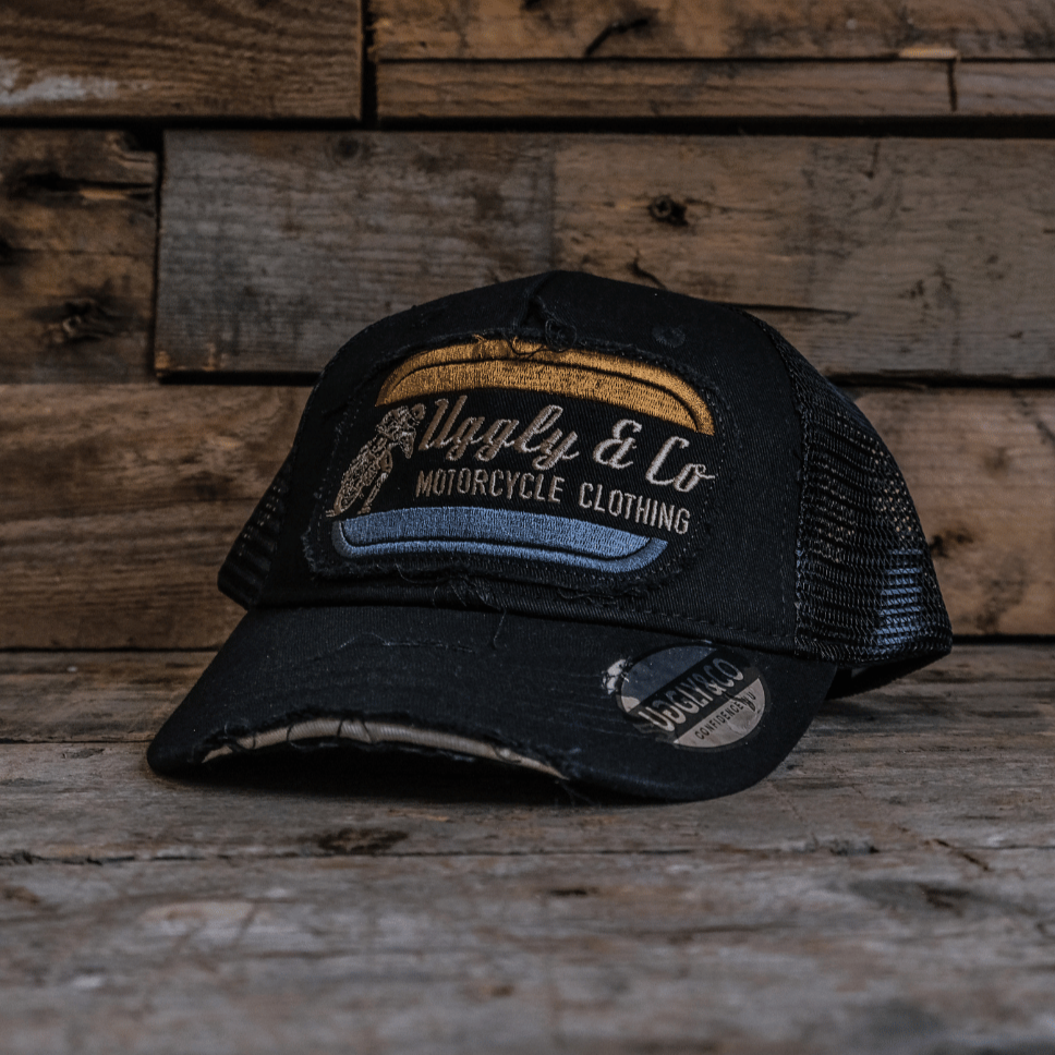 Uggly and Co Black Flat Track Trucker Hat – Vintage Racing Mesh Cap