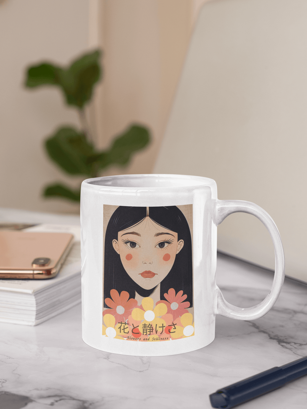 Flowers & Stillness Mug – Japanese Portrait Ceramic Coffee Cup – Tranquil Floral Gift for Tea or Coffee Lovers