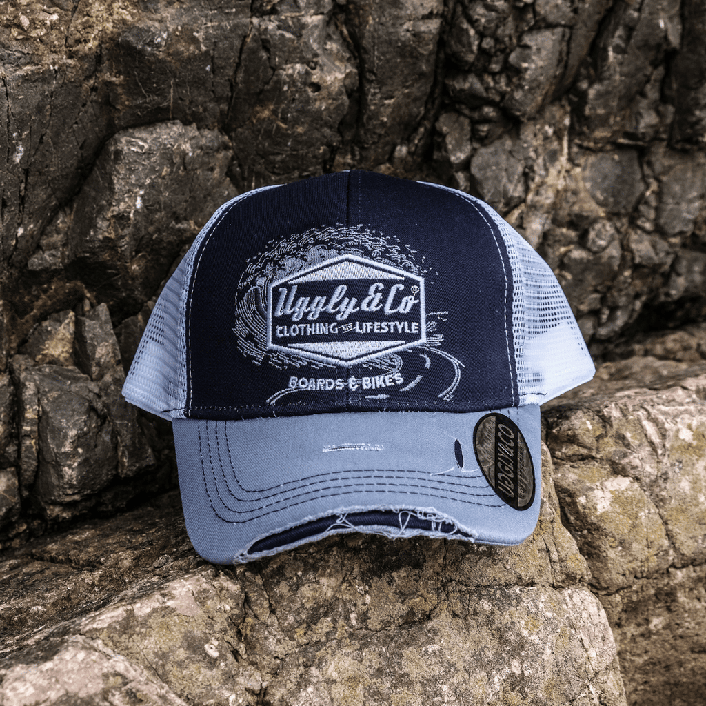 Uggly and Co Blue Surf Diamond Trucker Hat – Distressed Mesh Cap