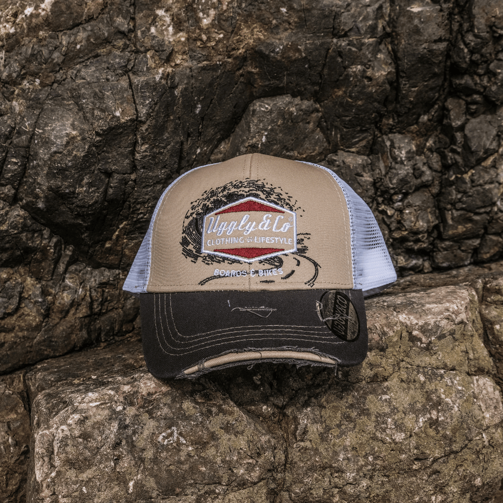 Uggly & Co Surf Diamond Trucker Hat – Distressed Beige & Mesh Cap