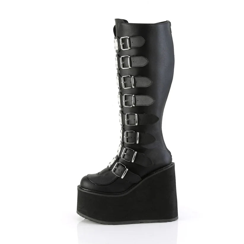 Demoniacult Raven Wide Calf Knee High Boots | 8 Buckle Straps - UK 8