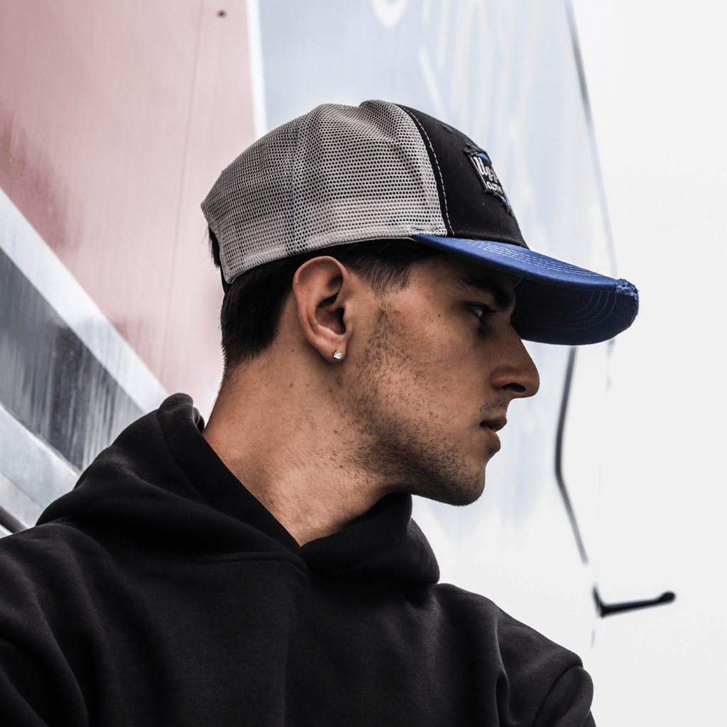 Uggly and Co x TAS Racing Diamond Trucker Hat – Black and Blue Mesh Cap