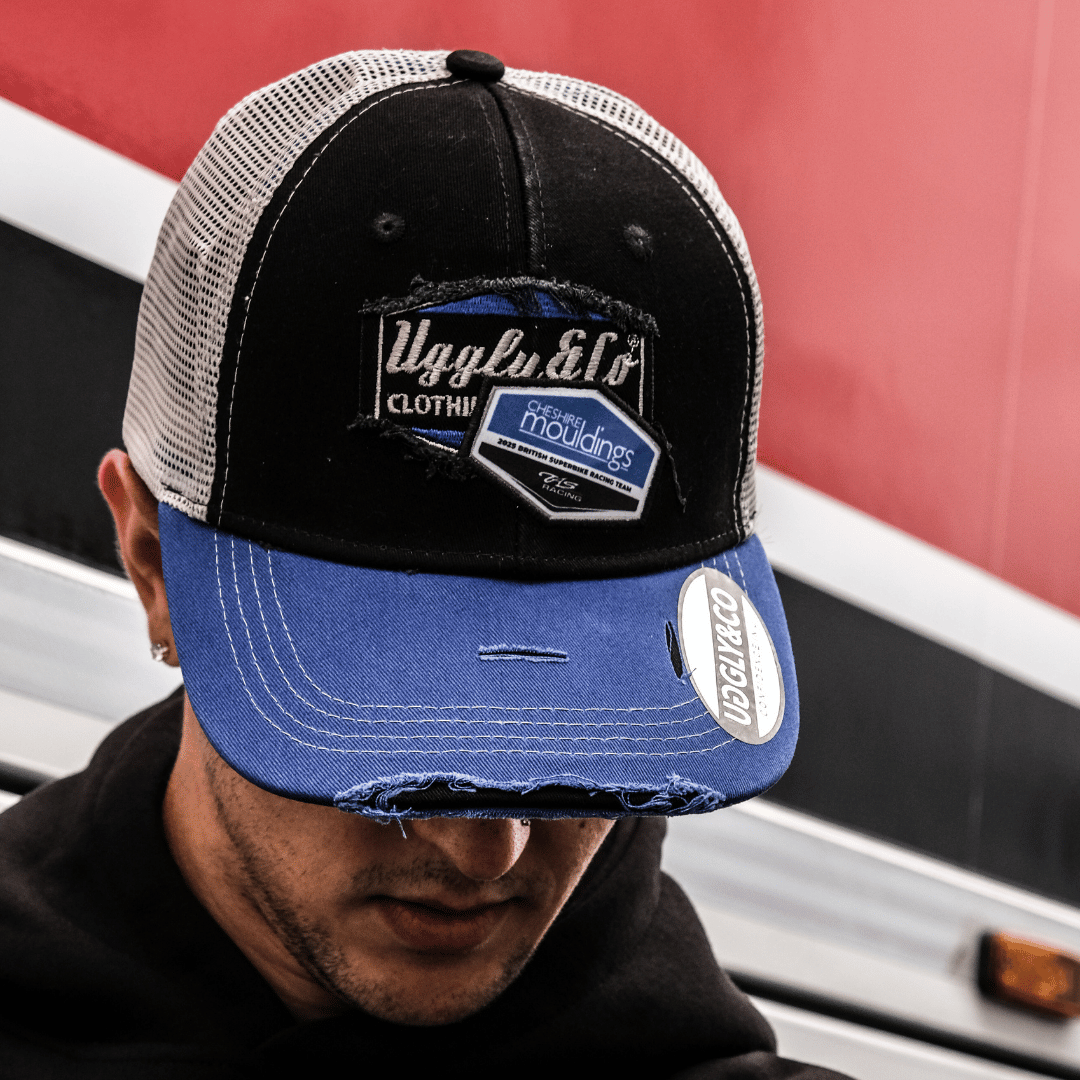 Uggly and Co x TAS Racing Diamond Trucker Hat – Black and Blue Mesh Cap