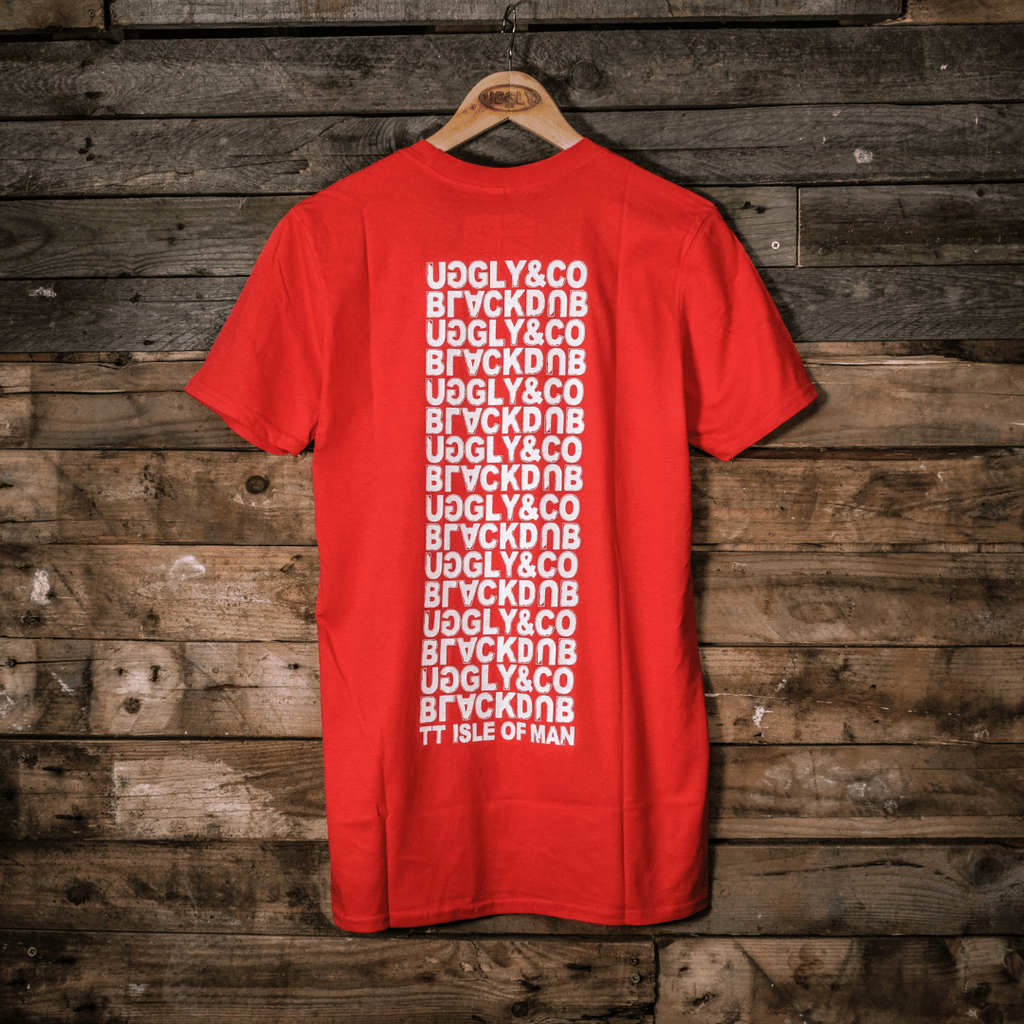 Uggly and Co Red Repeat Tee – Isle of Man TT Cotton Motorcycle T-Shirt
