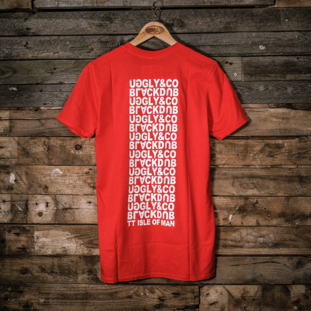 Uggly and Co Red Repeat Tee – Isle of Man TT Cotton Motorcycle T-Shirt